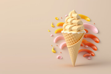 Yellow ice cream in a waffle cone, with creamy swirl. Decorated with abstract milk splashes isolated on the pastel background. Copy space. 3d render illustration. Generative AI art.