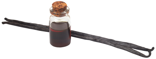 Vanilla pods with essence in a bottle