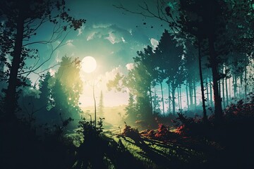 Sunlight and long shadows create a stunning forest scene early in the morning. Generative AI