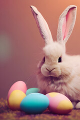Easter eggs cute bunny. Funny decoration , colorful eggs ,straw basket, , the symbol of Easter .Generative AI	