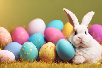 Easter eggs cute bunny. Funny decoration , colorful eggs ,straw basket, , the symbol of Easter .Generative AI 