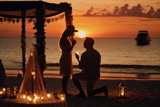 Vibrant Image of a Surprise Beach Proposal at Sunset - Generative AI