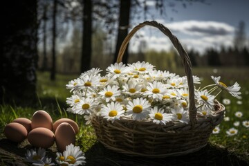 Fototapeta na wymiar Peaceful Easter Background with Wicker Basket of Eggs in Daisies Field with Generative AI