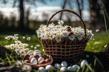 Fototapeta na wymiar Beautiful Daisies Field and Forest Easter Background with Basket of Eggs created with AI