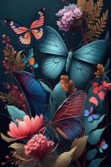 Vibrant garden with colorful butterflies and intricate wing patterns, generative AI