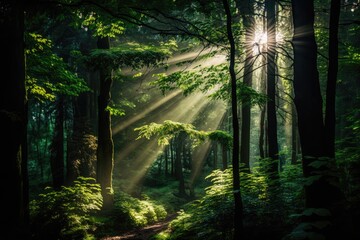 Inspiring image of a lush forest with sunbeams piercing through the treetops, generative AI