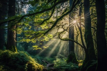Vibrant and natural forest scene with sunrays illuminating the lush foliage, generative AI