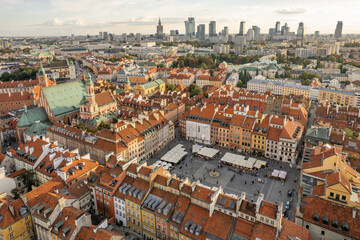Fototapeta na wymiar Warsaw Old town and modern skyscrapers aerial view, Poland.