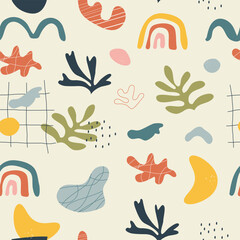 Abstract seamless pattern with organic geometric shapes. Trendy modern vector hand draw print for wrapping paper, textile printing, wallpaper.