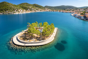 Aerial view of Lazareto island on Ithaca island, Kefalonia, Ionian sea, Greece