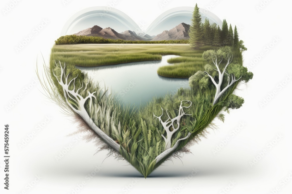 Poster a lake formed like a heart in the middle of unspoiled wilderness is a metaphor for the importance of