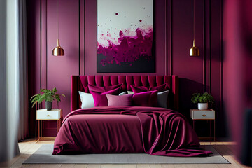 Bedroom in viva magenta and dark burgundy colours interior design. Bedside table . Bright bedroom. Pantone. Modern bedroom interior design. Home design concept. High quality ai generated illustration