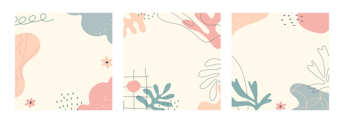 Set of abstract modern backgrounds with nature organic shapes and doodles. Vector cover template with copy space for text. Minimalist design for social media, stories , banner, poster, greeting card.