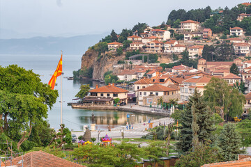 Macedonian Flag in Ohrid City at the shore of lake Ohrid, North Macedonia