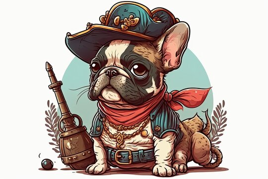 Rhetorical question Puppy French Bulldog wearing a pirate outfit, complete with hat and hook arm. Generative AI