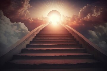 Holy Light. Ascending stairs to the sun. God is great. (Generative AI)