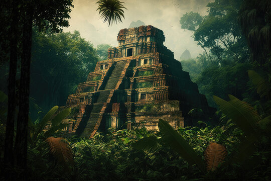 ancient mayan pyramid rising from the jungle foliage , ai generated