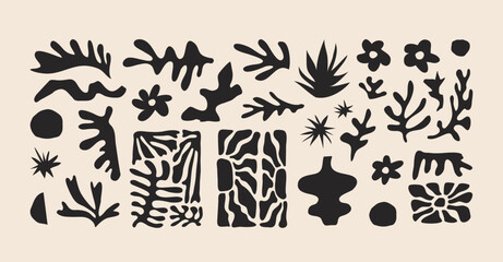 Matisse geometric and organic shapes. Abstract contemporary nature floral doodle for logos, patterns, posters, covers and postcards. Naive art. Botanic vector illustration in black color.