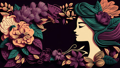 Female greeting card surrounded by flowers and leaves