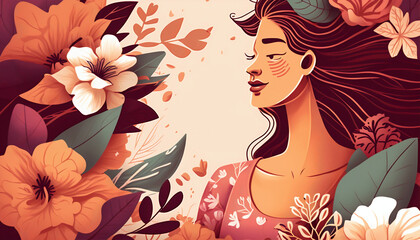 Female greeting card surrounded by flowers and leaves