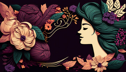 Female greeting card surrounded by flowers and leaves