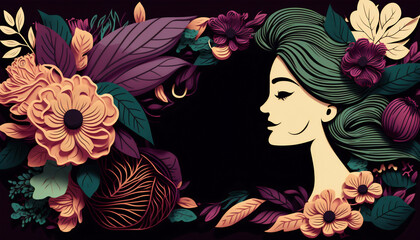 Female greeting card surrounded by flowers and leaves