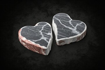 Obraz na płótnie Canvas Two seasoned, marbled beef steaks in the shape of a heart, cooked on a stone slab. Generative AI