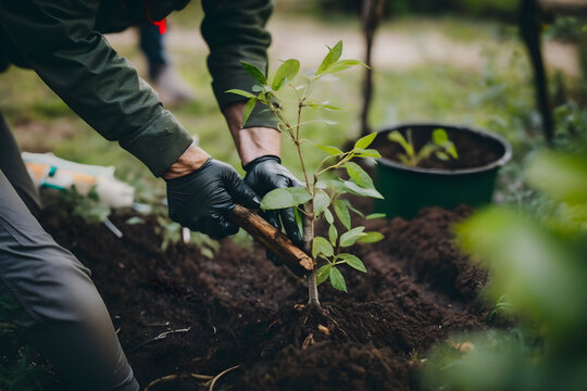 People Planting Trees Or Working In Community Garden Promoting Local Food Production And Habitat Restoration, Concept Of Sustainability And Community Engagement. Generative Ai