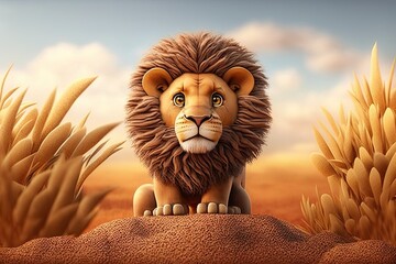 Cute Cartoon Lion (Created with Generative AI) - obrazy, fototapety, plakaty