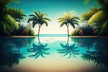 Fototapeta na wymiar Summer beach swimming pool on sunny day with reflection of palm trees, tropical environment, exotic island hotel resort theme. Paradise pool, beach, and tropical vegetation in the summer. Generative