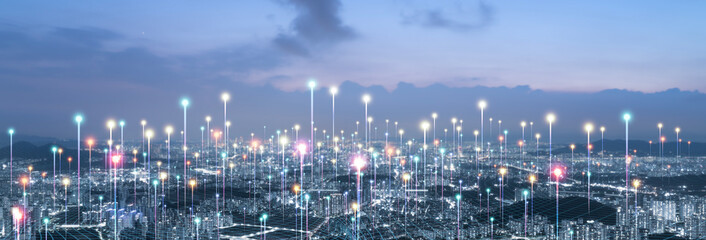 Big data connection technology. Cityscape telecommunication and communication network concept.