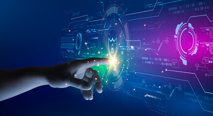 Businessman hand using fingerprint indentification to access personal financial data.biometrics security, innovation technology against digital cyber crime.