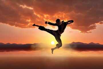 Fototapeta na wymiar Martial artist fighter performing fly kick at sunset. Generative AI 