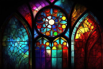 Multicolored stained glass window with irregular random block pattern. Generative illustration