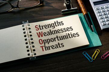 There is a notebook with the word strengths, weaknesses, opportunities, threats. It is an...