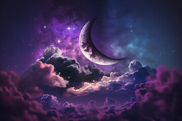 Obraz na płótnie Canvas Purple and violet nebula with stars. Fantasy galaxy generative AI background