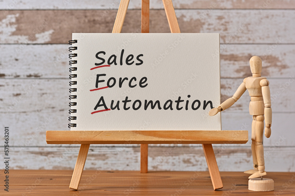 Poster there is notebook with the word sales force automation. it is an eye-catching image.