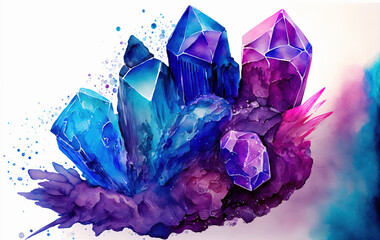 Watercolor colorful Crytal Gemstones isolated on white background. Generative AI background