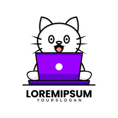 cute cat logo playing laptop