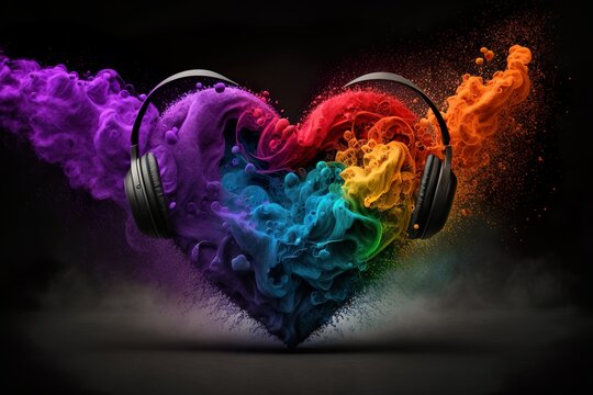 Rainbow Heart with headphones. Healing With Music and Music Therapy Concept.