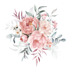 Watercolor floral bouquet with green leaves, pink peach blush white flowers leaf branches, for wedding invitations, greetings, wallpapers, fashion, prints. Eucalyptus, olive green leaves, rose, peony.