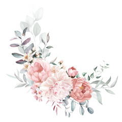 Watercolor floral bouquet with green leaves, pink peach blush white flowers leaf branches, for wedding invitations, greetings, wallpapers, fashion, prints. Eucalyptus, olive green leaves, rose, peony.