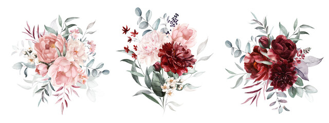 Watercolor floral bouquets set - green leaves, burgundy maroon pink peach blush white flowers leaf branches. Wedding invitations stationery wallpapers fashion prints. Eucalyptus, olive, rose, peony.