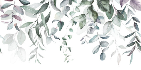 Watercolor floral seamless border with green pink peach blush leaves, leaf branches. For wedding invitations, greetings, wallpapers, fashion, prints. Eucalyptus, olive.