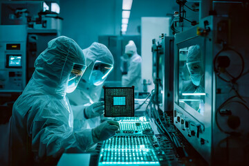 Scientists in the lab working on cpu chip and technologies - obrazy, fototapety, plakaty