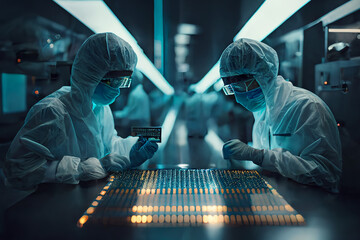Scientists in the lab working on cpu chip and technologies - 575464841