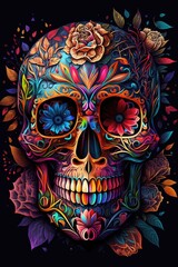 Mexican roses skull. Mexican roses skull. Vector illustration. Dia de los muertos shugar colorful head Generative Ai