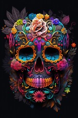 Mexican roses skull. Mexican roses skull. Vector illustration. Dia de los muertos shugar colorful head Generative Ai