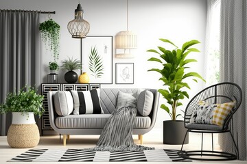 Modern and chic living room arrangement featuring a gray sofa, rattan armchair, cube, plaid, pillows, tropical plants, macramé, and stylish accessories. Elegant furnishings and fittings for the house