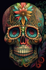 Mexican roses skull. Mexican roses skull. Vector illustration. Dia de los muertos shugar colorful head Generative Ai